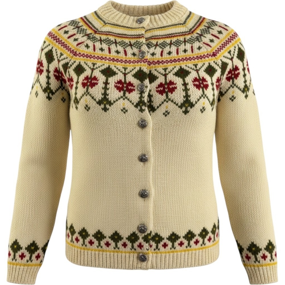 Vintage Tailored Penneys Classic 100% Wool Fair Isle Cardigan Sweater Cream S/M